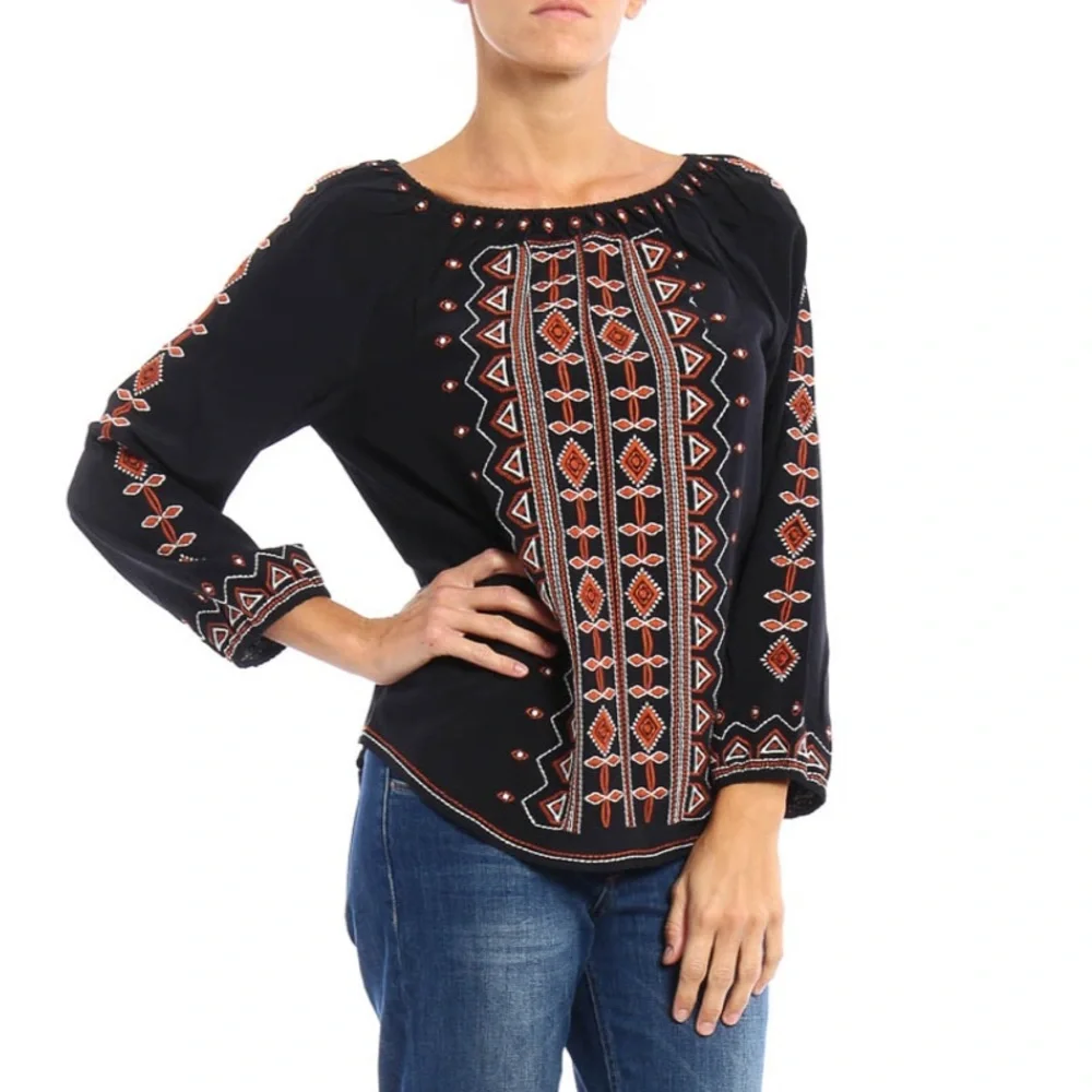Tory Burch Jessie Black Silk Blouse with Orange Embroidery